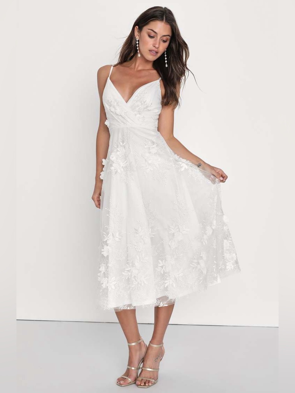 Lulus Magical Occasion White Embroidered 3D Appliqué Midi Dress NWT